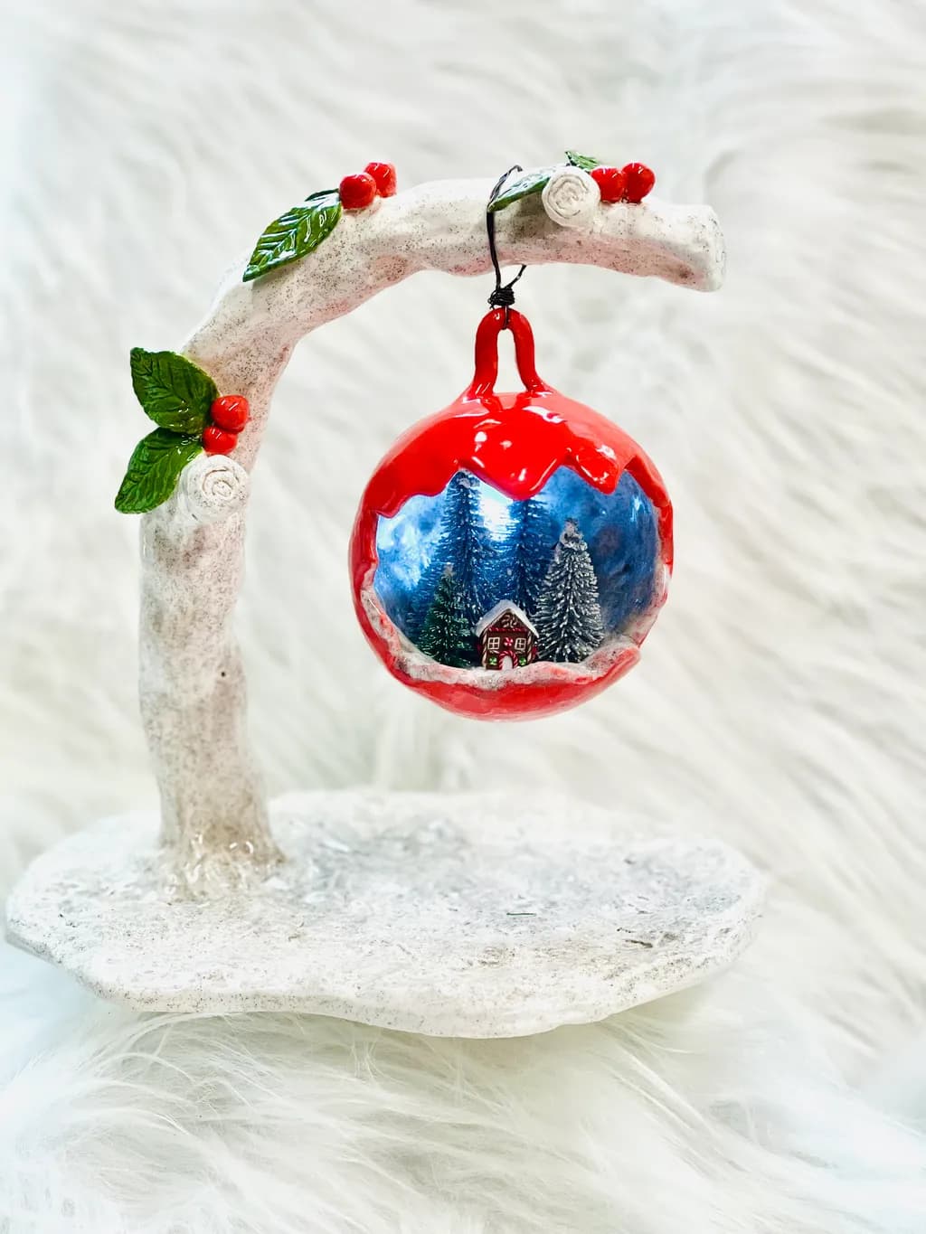 Whimsical Winter Wonderland: Handcrafted Holiday Ornament with Enchanted Cabin Scene