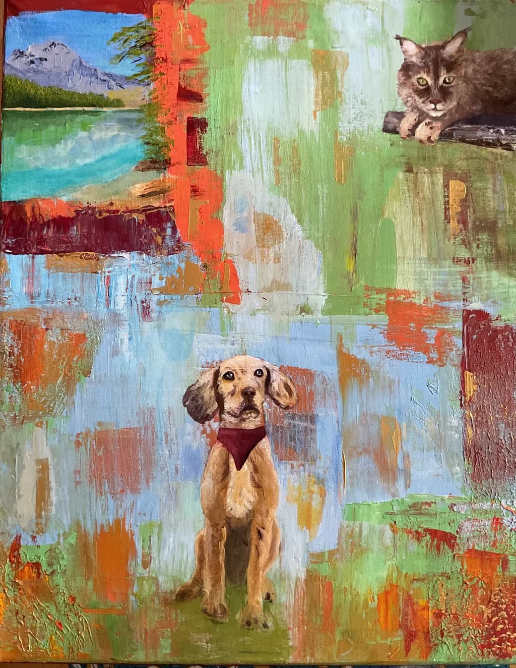 Whimsical Companions: A Playful Dog and Cat in a Vibrant Landscape