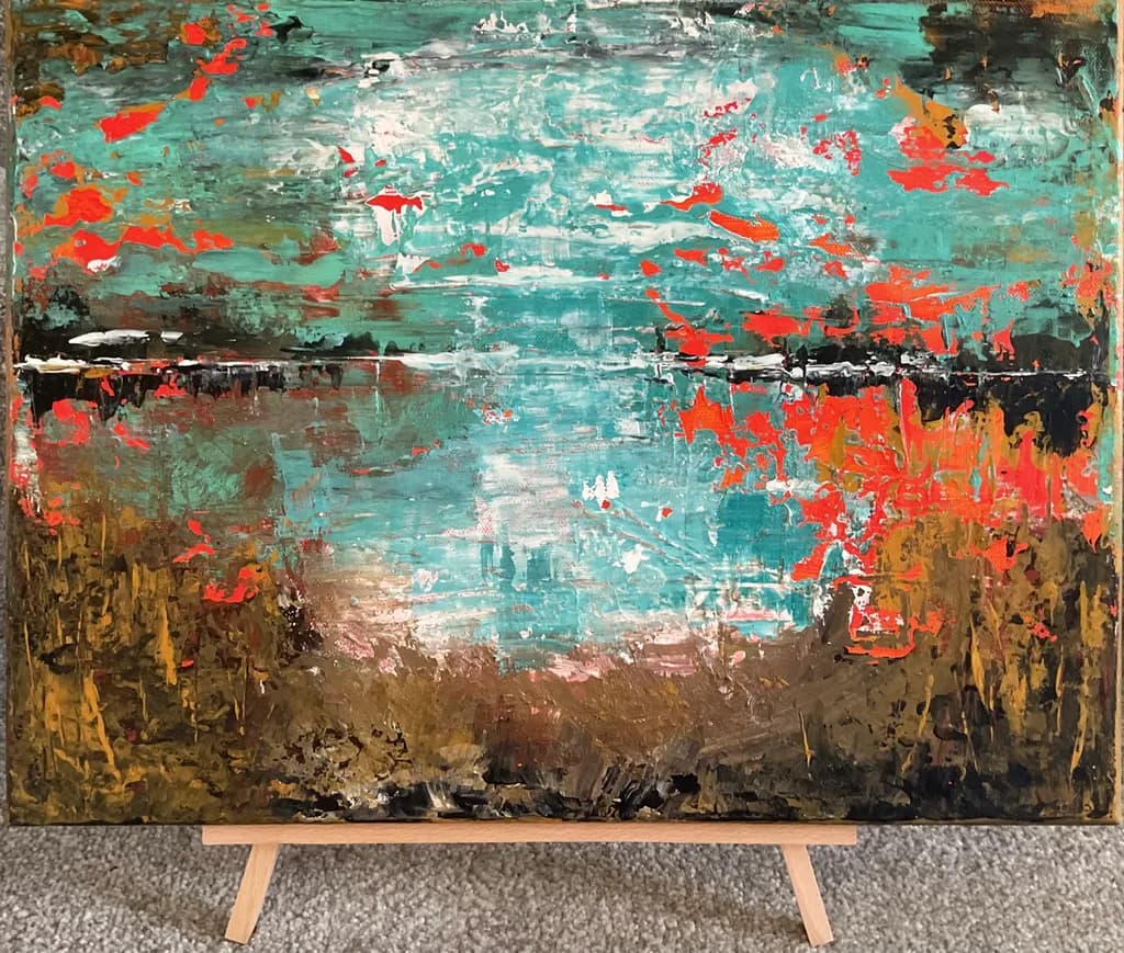 Vibrant Reflections: A Dance of Turquoise and Fiery Hues in Abstract Landscape Art