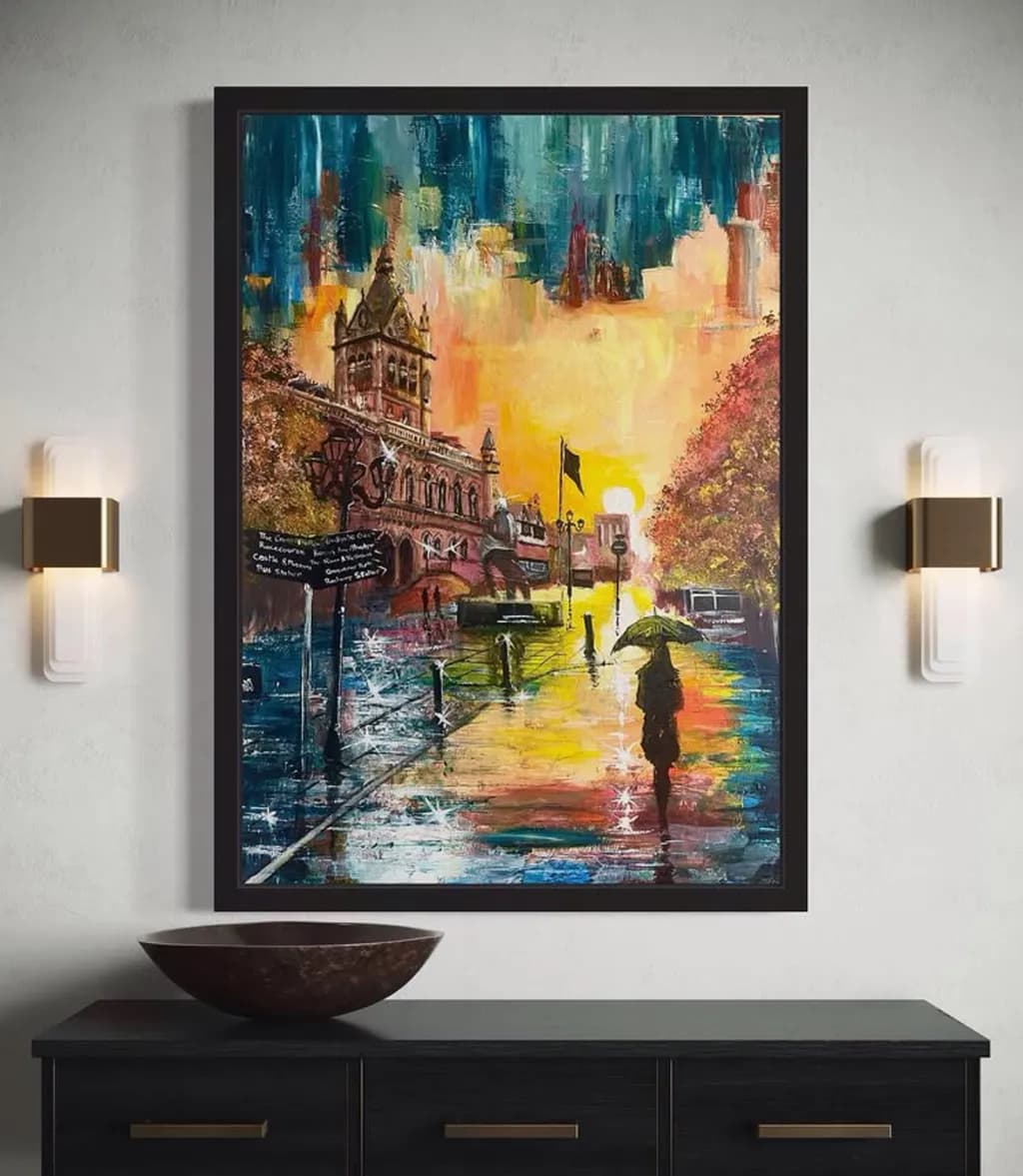 Vibrant Cityscape at Dusk: A Rainy Evening with Umbrellas and Reflections