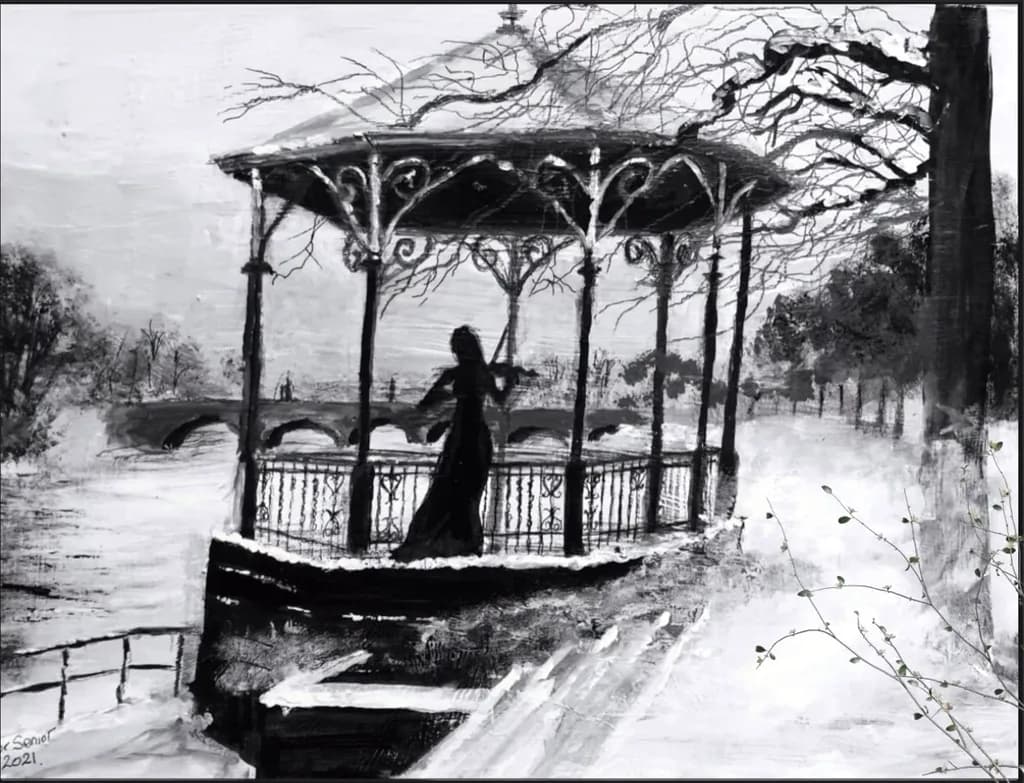 Whispers of Winter: A Serene Gazebo Silhouette in Monochrome Elegance