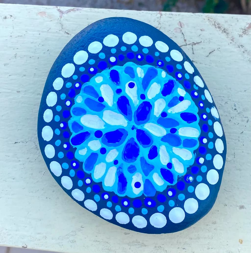 Oceanic Mandala Stone: Hand-Painted Blue Dot Art for Home Decor and Meditation
