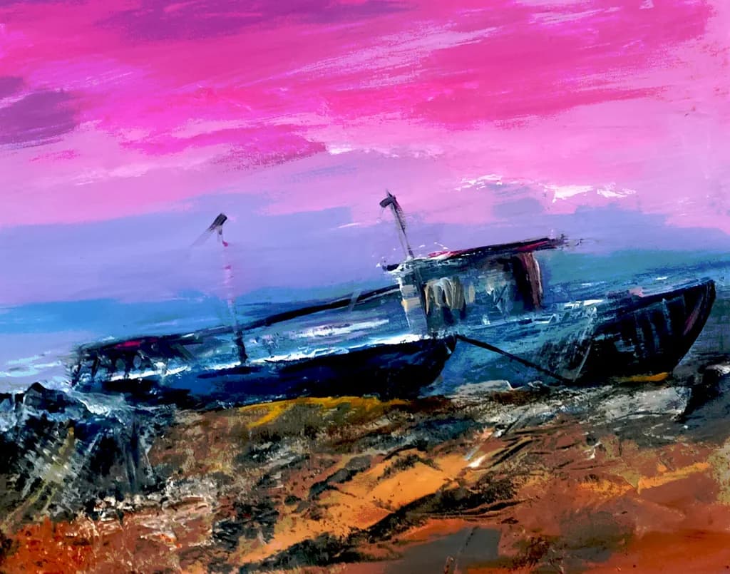 Whispers of the Sea: A Vibrant Sunset Over Abandoned Vessels