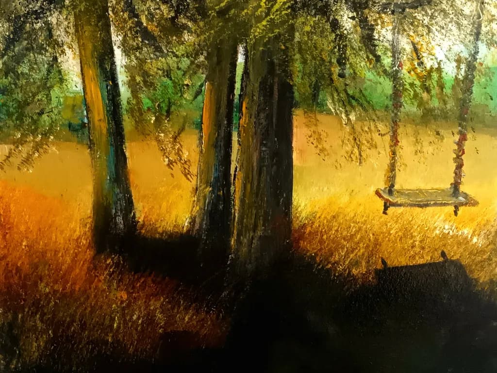 Whispers of Serenity: A Swing Beneath the Trees in Golden Grasslands