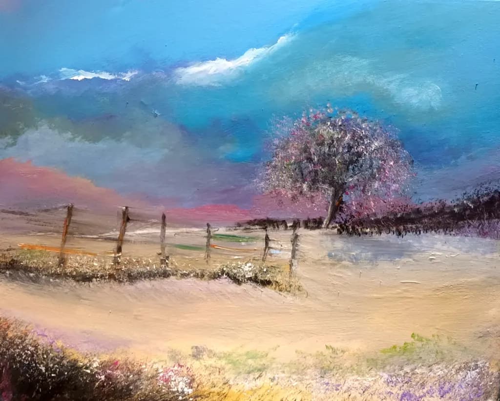 Whispers of Twilight: A Serene Landscape with a Blossoming Tree and Gentle Fences