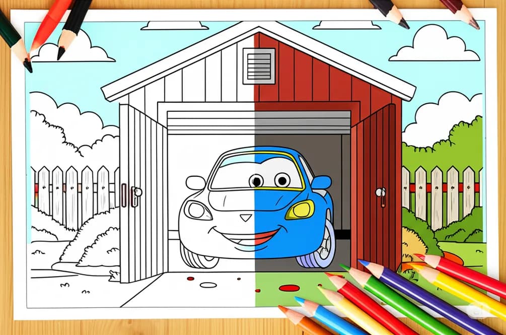 Colorful Garage Adventure: A Playful Car Illustration for Creative Minds