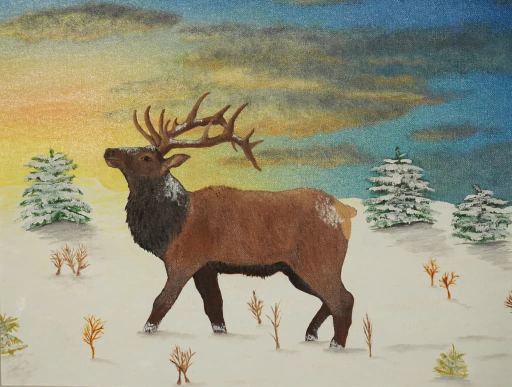 Majestic Elk in a Winter Wonderland: A Serene Landscape of Snow and Forests