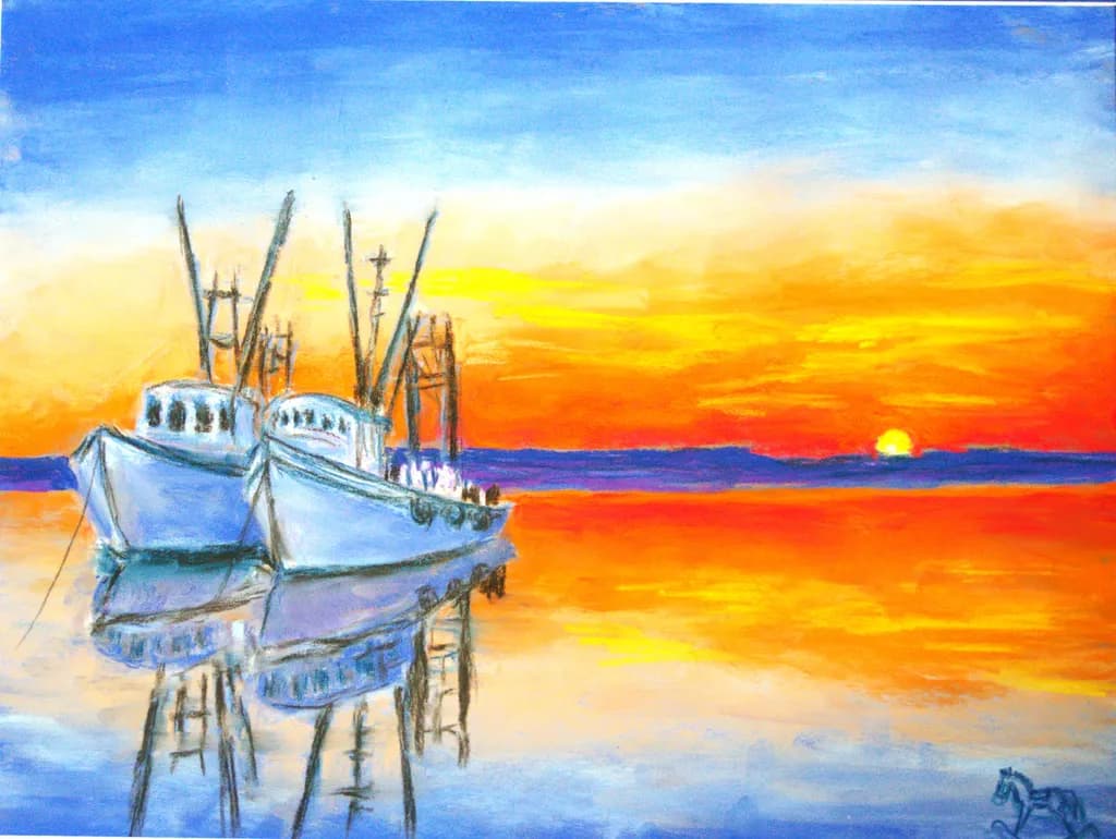Serenity at Sunset: Colorful Reflections of Boats on Tranquil Waters