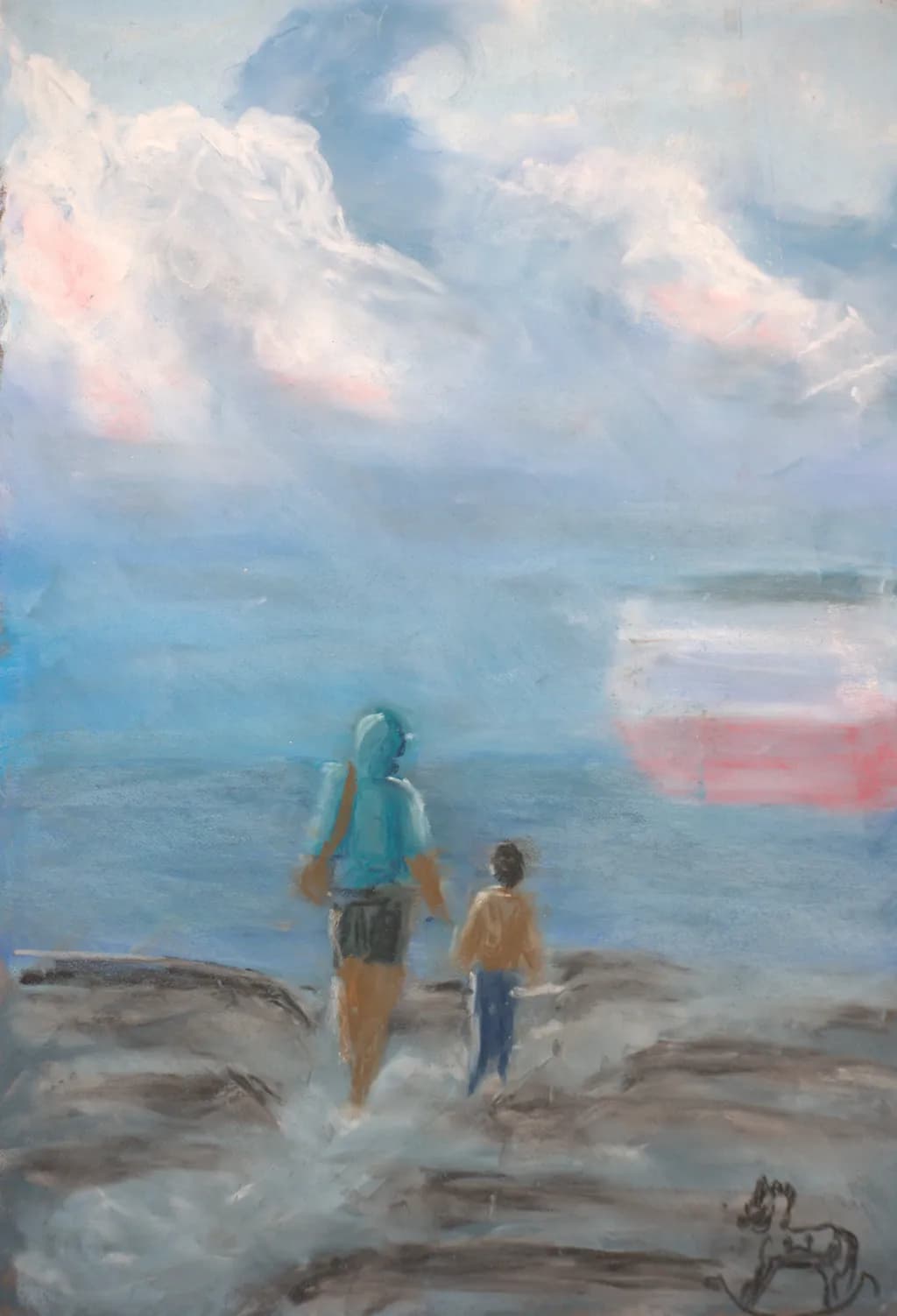 Serenity by the Shore: A Journey of Parent and Child Amidst the Clouds