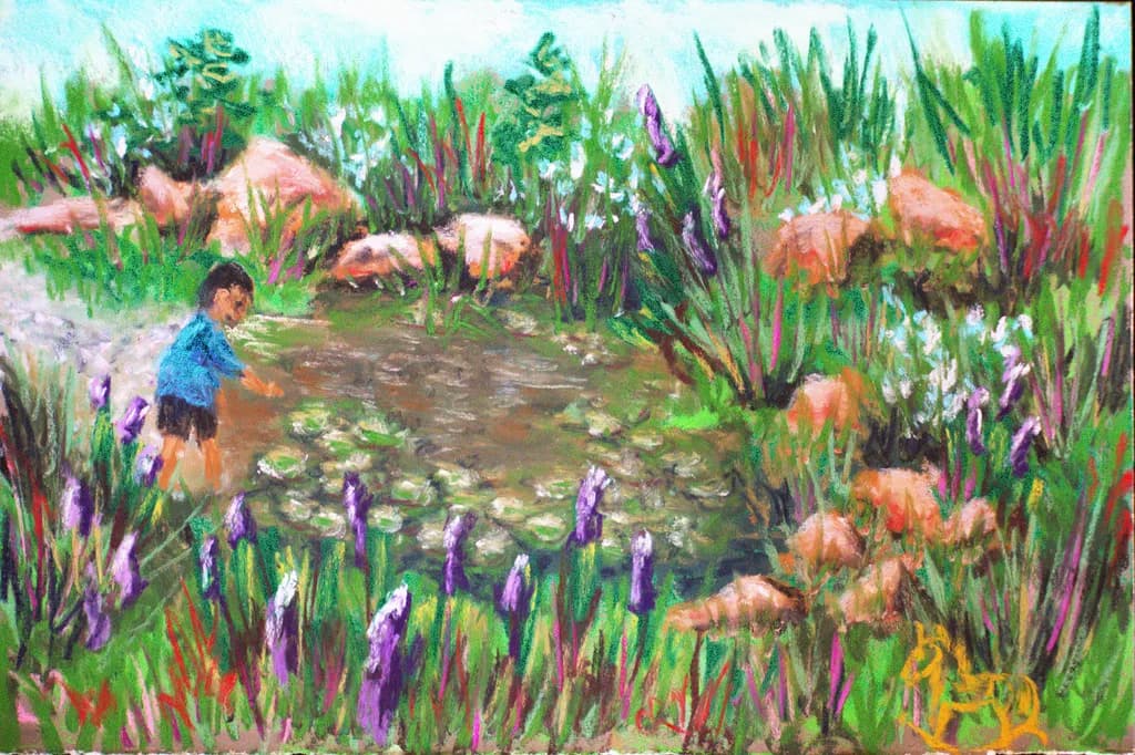 Whispers of Childhood: A Serene Moment by the Pond in Vibrant Nature