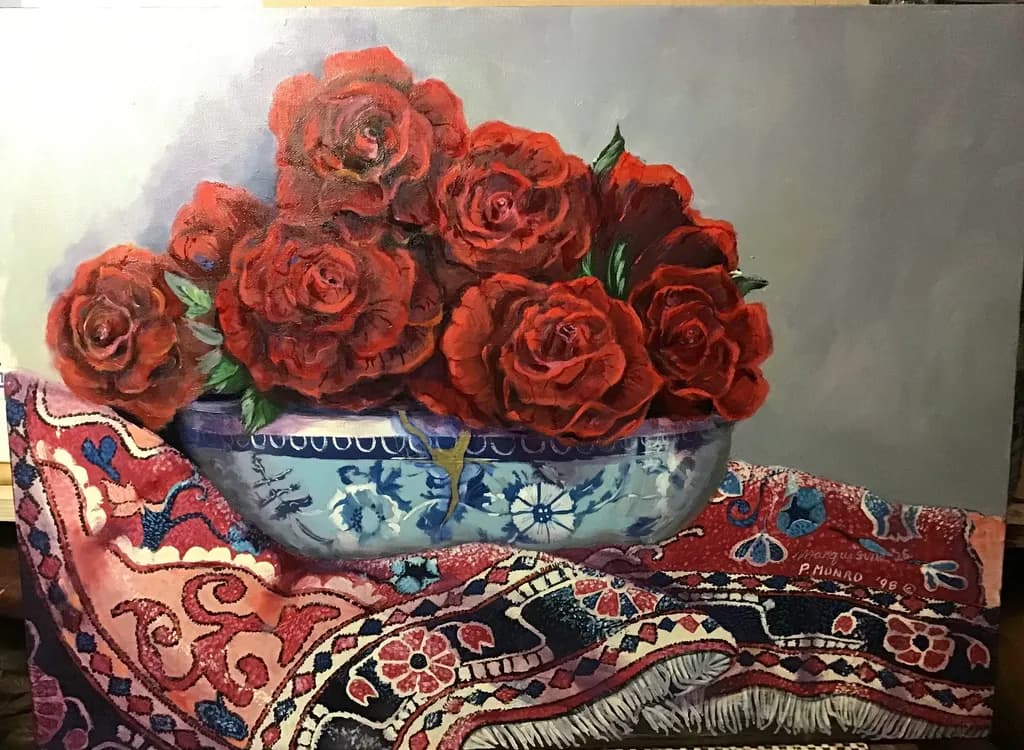 Red Roses in Blue Bowl
