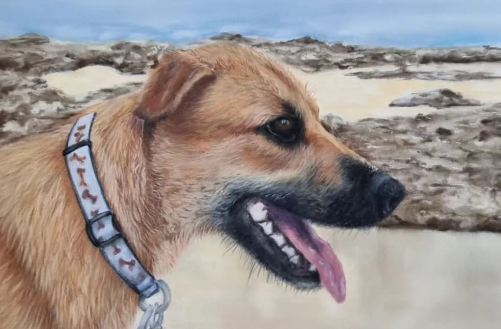 Golden Moments: A Joyful Canine Portrait by the Shoreline