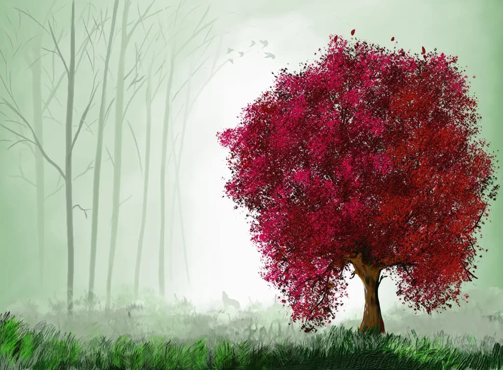 Whispers of Autumn: A Vibrant Red Tree in a Misty Forest Dreamscape