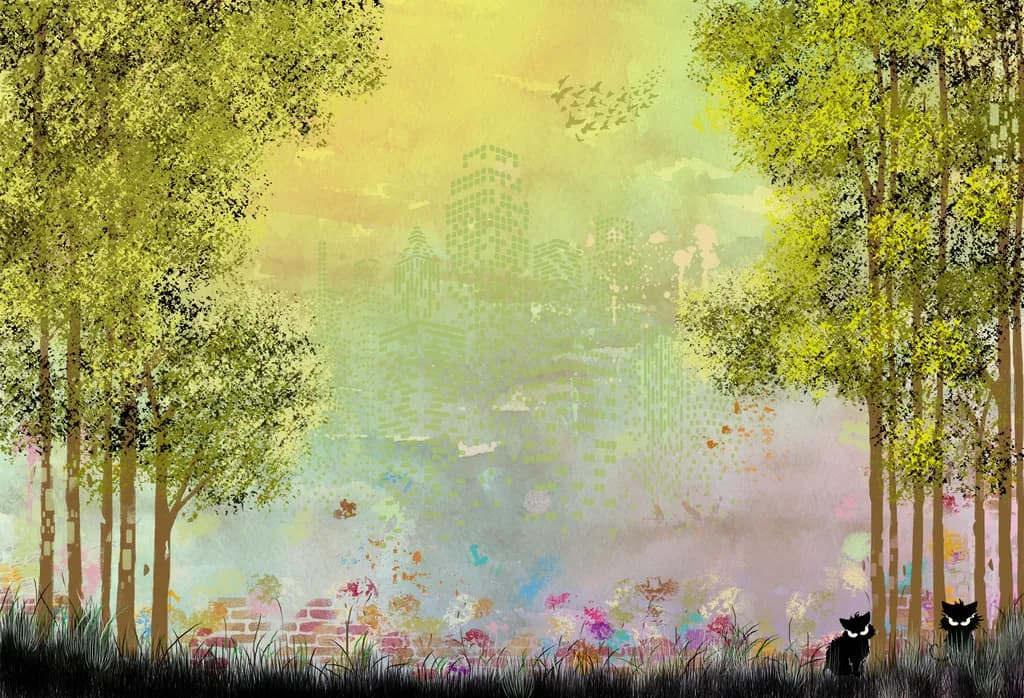 Whimsical Urban Serenity: A Dance of Nature and City Life