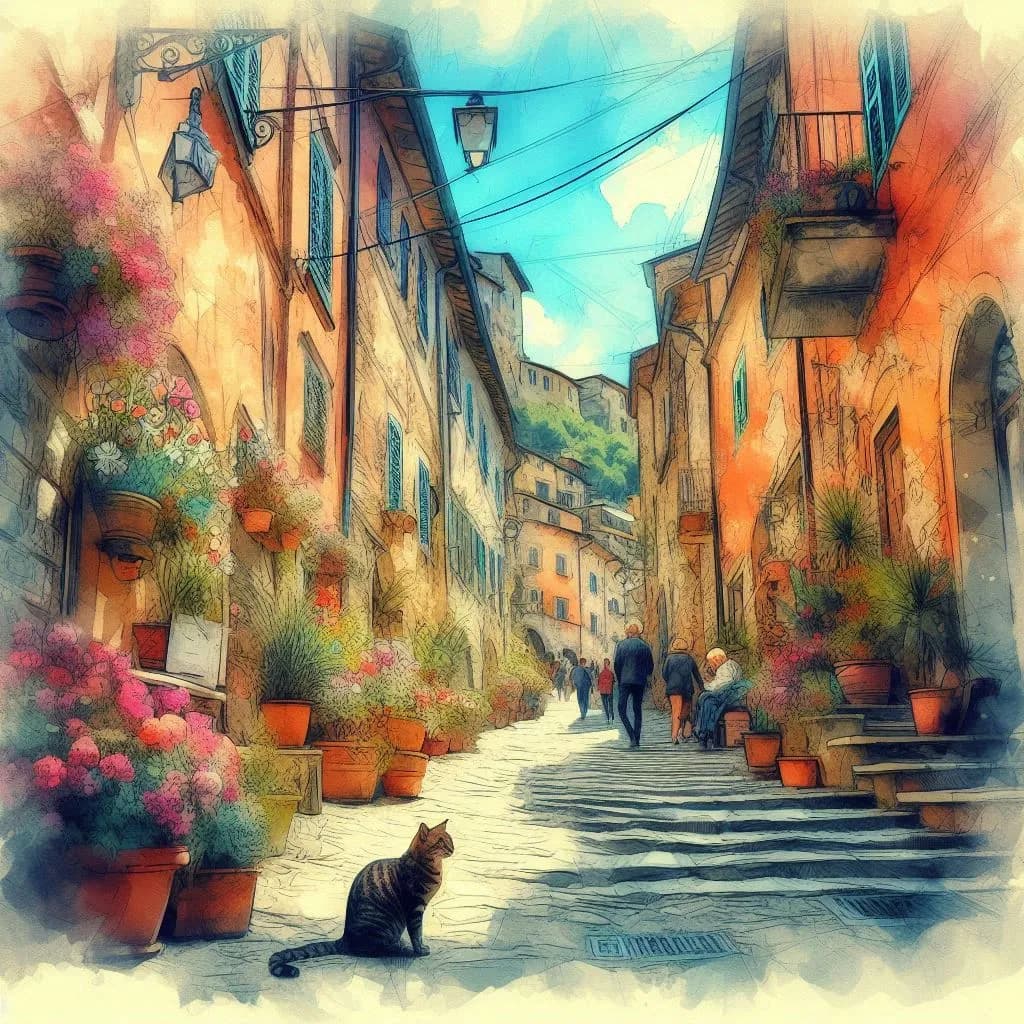 Whispers of a Sunlit Alley: A Serene Stroll Through Vibrant Streets and Blossoming Pots