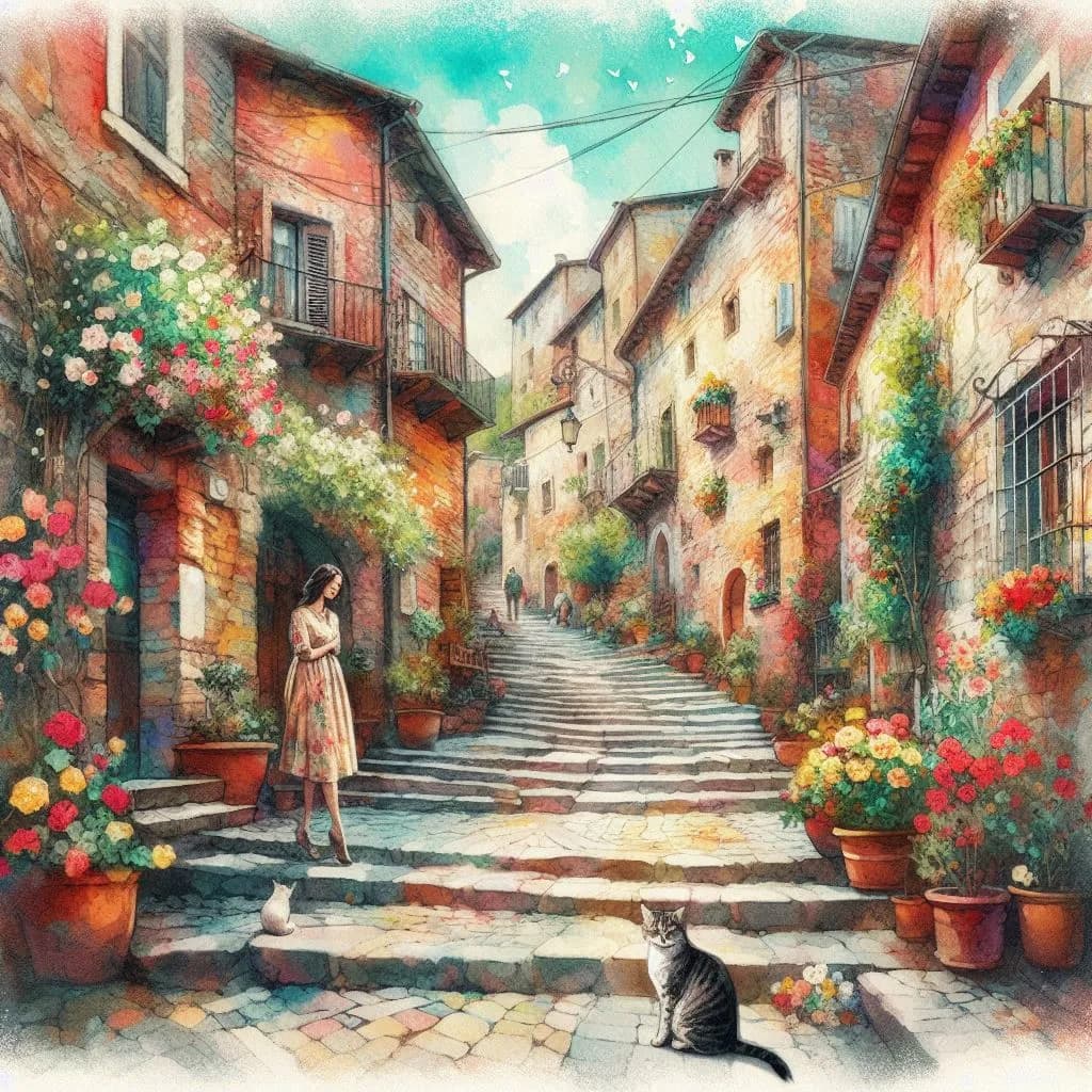 Whispers of Serenity: A Stroll Through a Flower-Laden Village with Cats and Cobblestones
