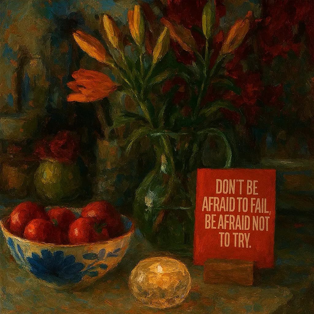 Vibrant Still Life: Embracing Courage with Apples, Flowers, and a Candlelit Quote