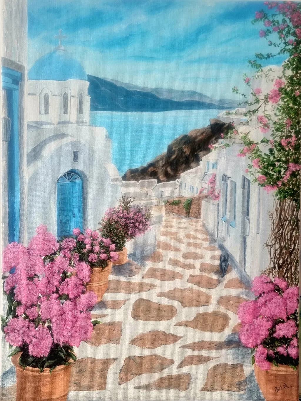 A Serene Stroll Through Santorini: Blossoms and Blue Skies