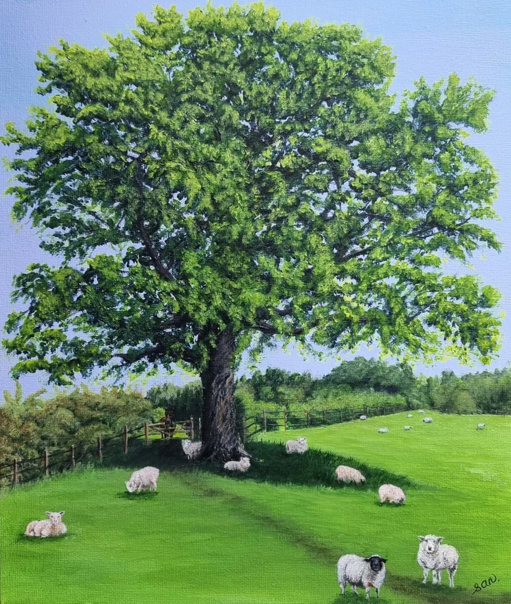 Whispers of Nature: A Serene Pastoral Scene with Sheep Beneath a Majestic Tree