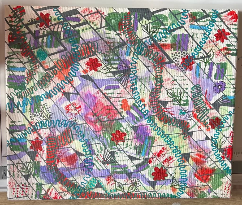 Vibrant Geometric Floral Dance: An Abstract Celebration of Color and Pattern