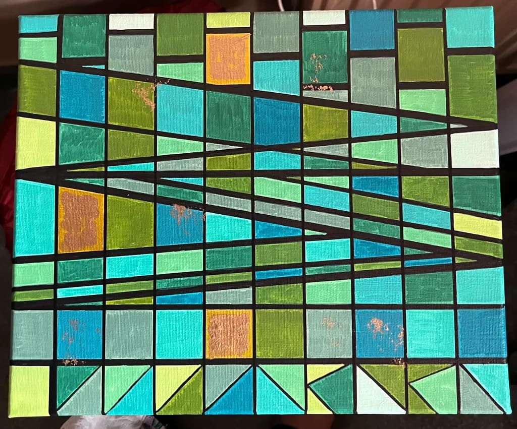 Vibrant Geometric Harmony: A Dance of Blues and Greens in Abstract Form