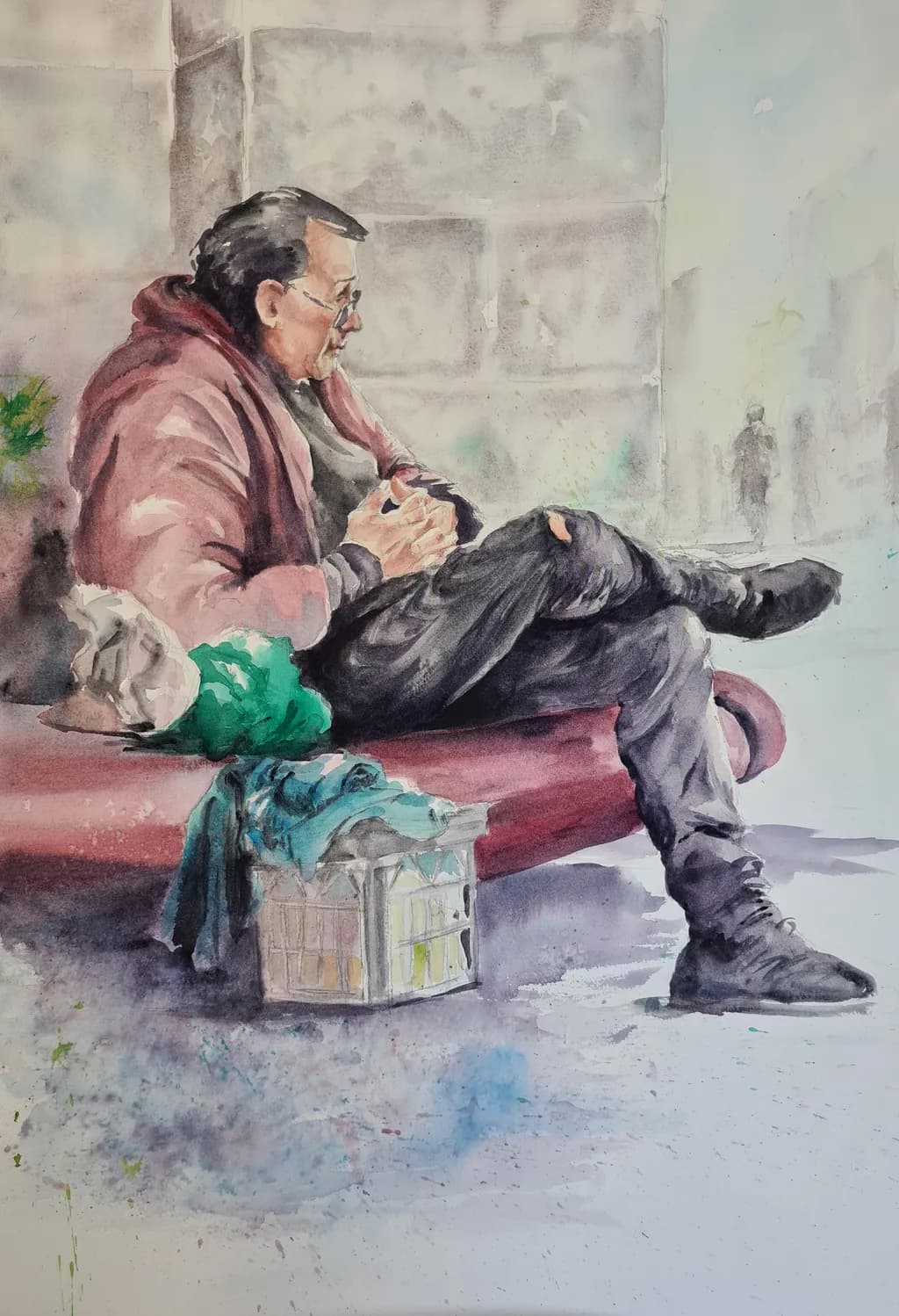 Silent Reflections: A Watercolor Portrait of Solitude in Urban Life