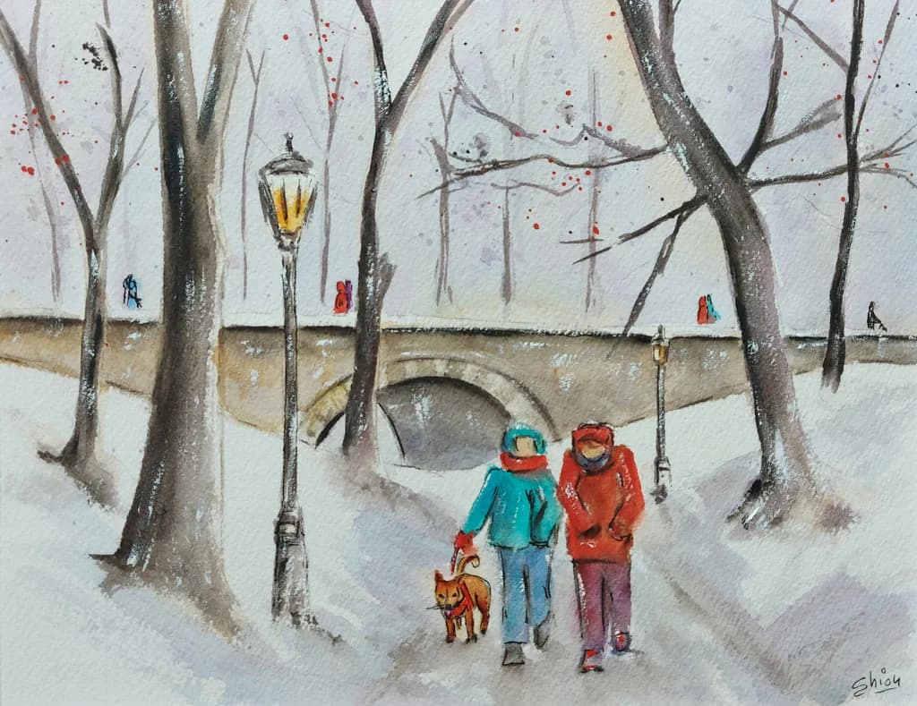 Winter Stroll: A Cozy Walk Through Snowy Streets with Friends and Furry Companions