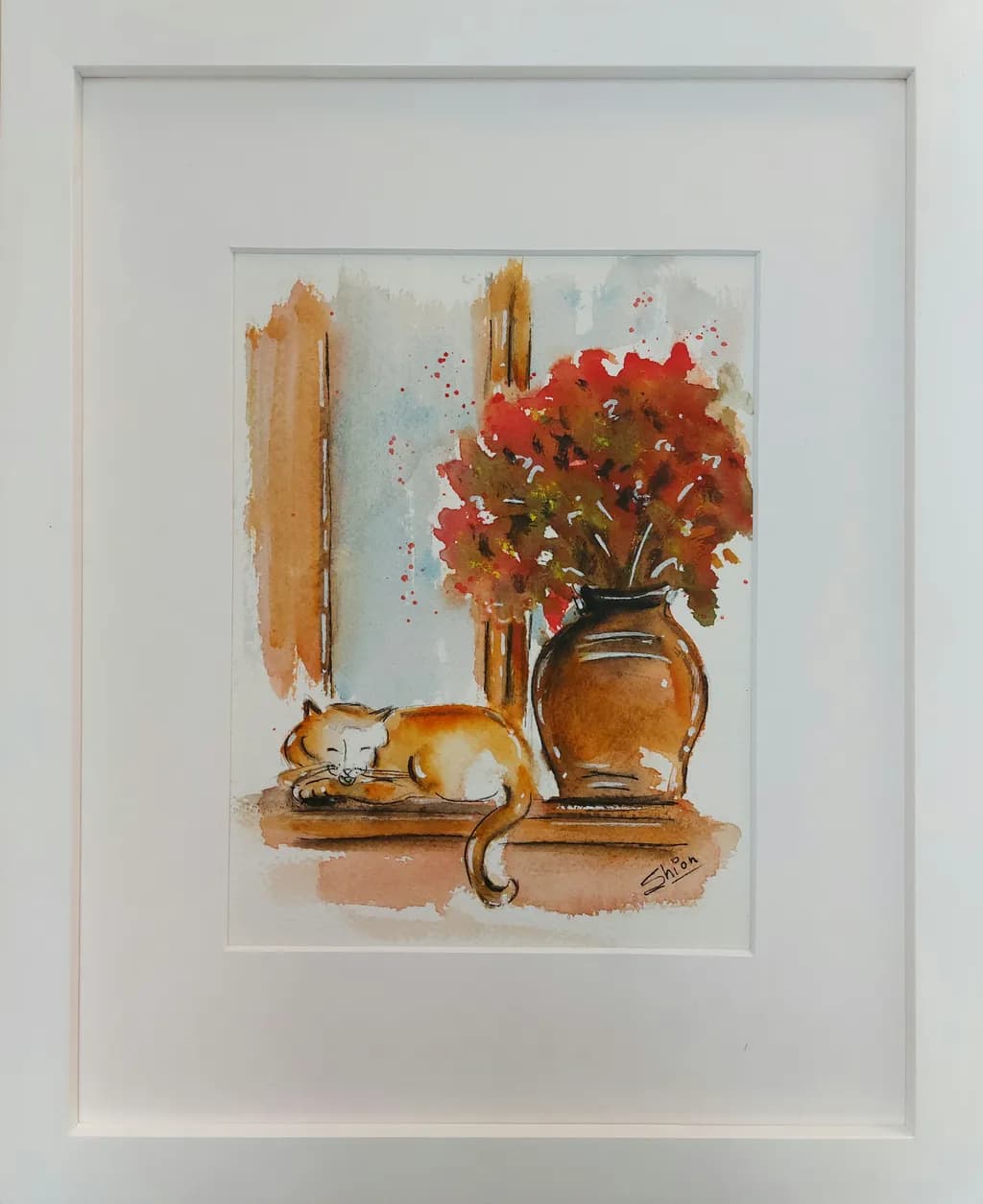 Whiskers and Blooms: A Cozy Moment in Watercolor Serenity