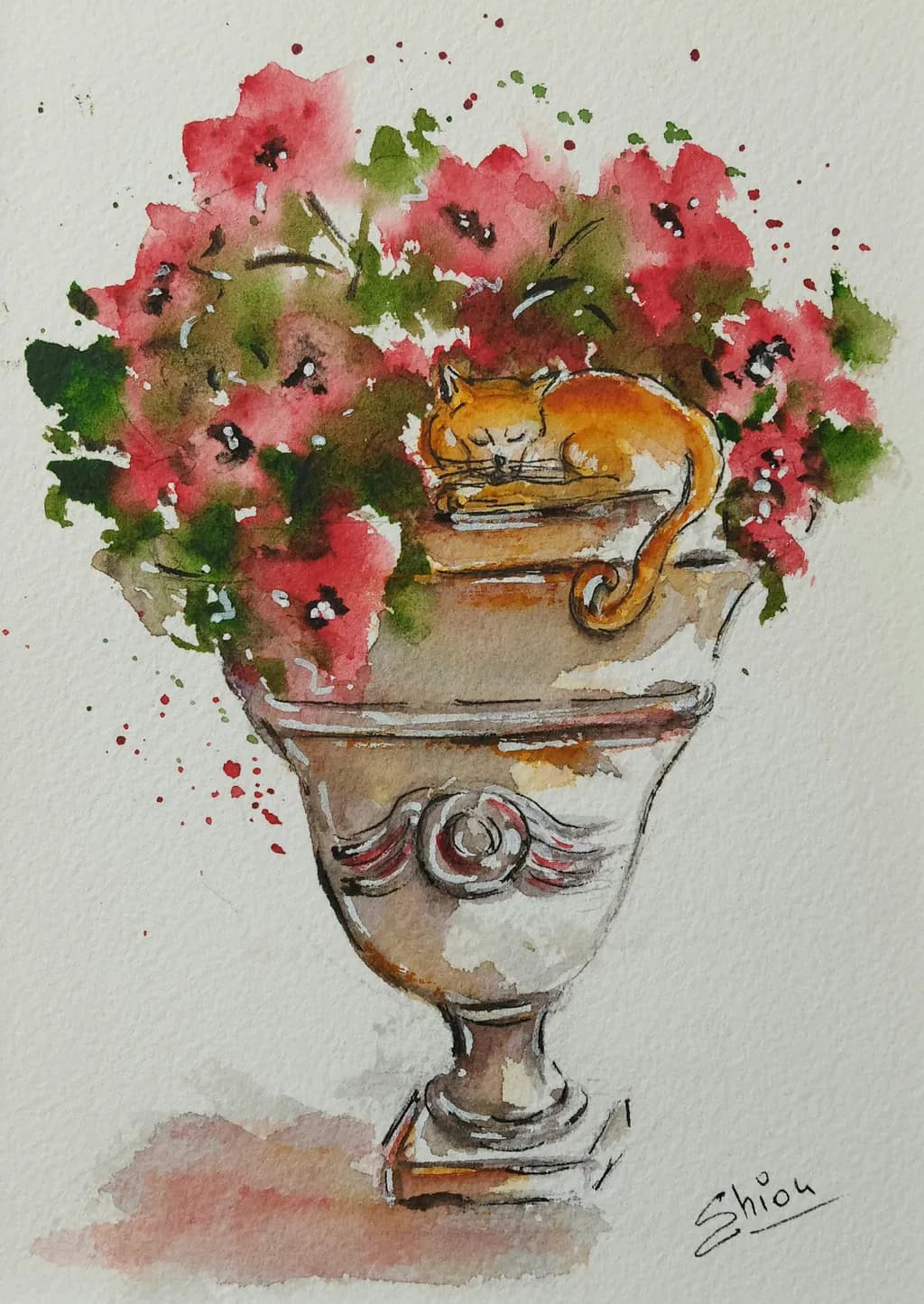 Whiskers Among Blossoms: A Serene Moment in Watercolor