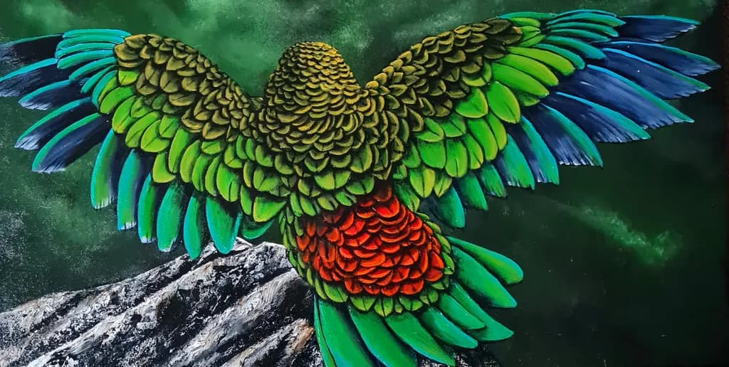 Vibrant Wings: A Majestic Parrot Soars Against a Mystical Green Sky