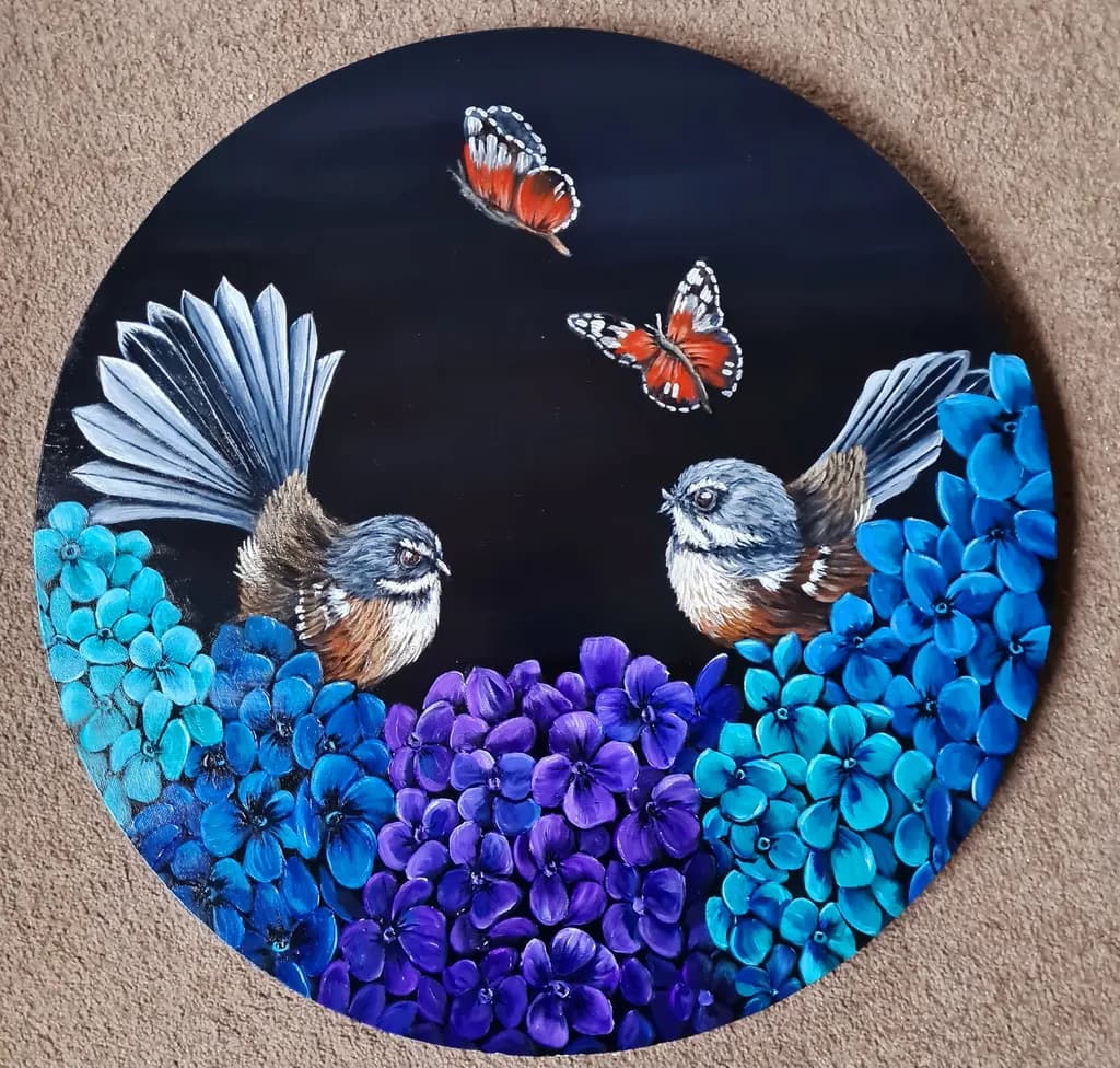 Whimsical Harmony: Birds and Butterflies Amidst Vibrant Blooms in Midnight Splendor