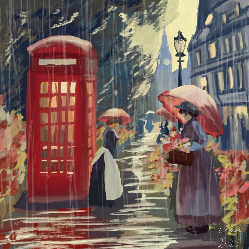 Whispers of Rain: A Vintage Urban Stroll with Umbrellas and Blooms