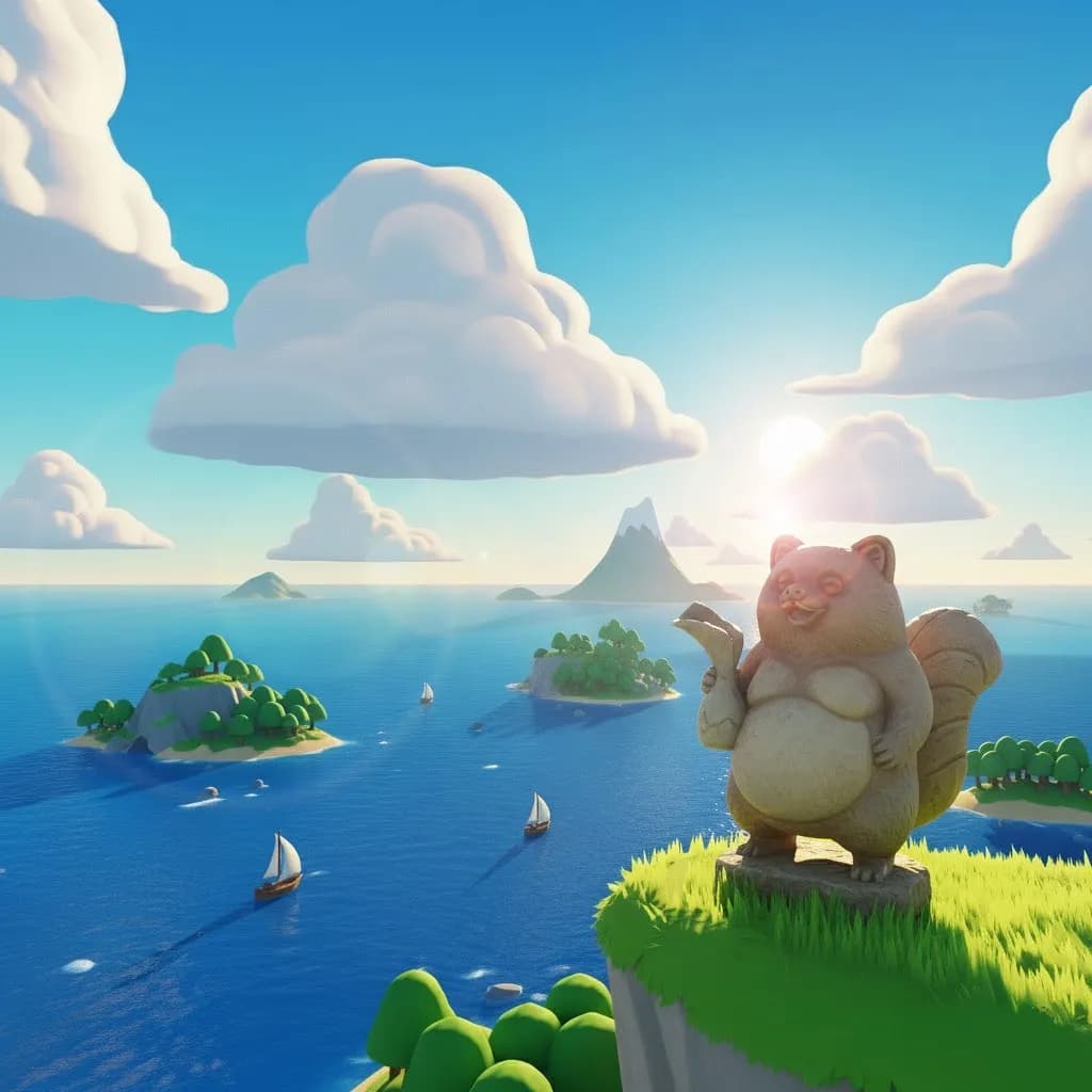 Whimsical Guardian of the Isles: A Serene Seascape with a Playful Stone Figure