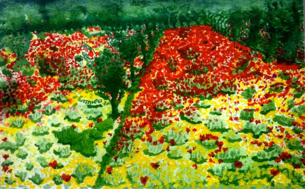 Vibrant Fields of Color: A Lush Landscape Awash in Red and Yellow Blossoms