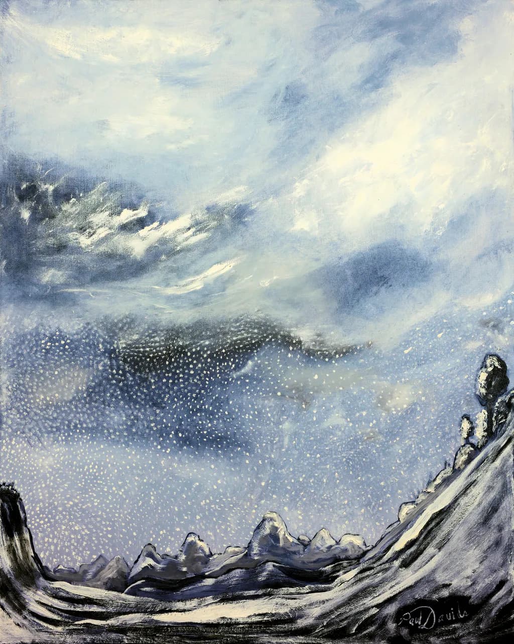 Whispers of Winter: A Serene Mountain Landscape in Soft Blues and Grays