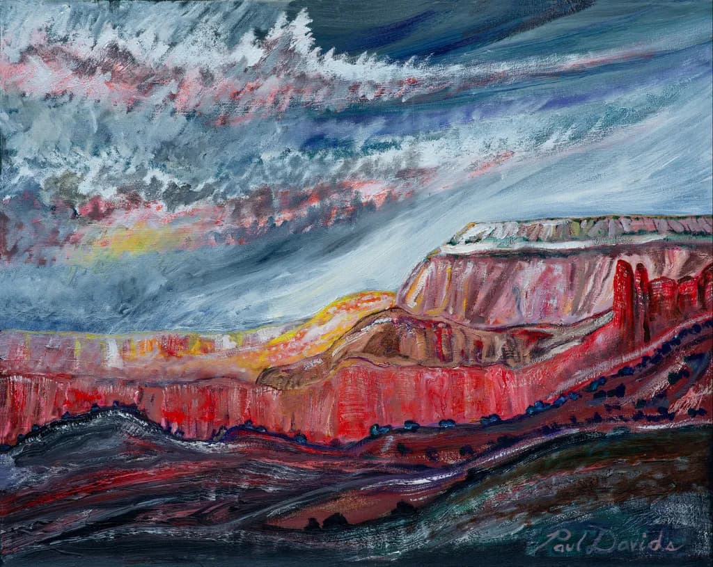Vibrant Horizons: A Dramatic Abstract Landscape of Colorful Clouds and Textured Terrain