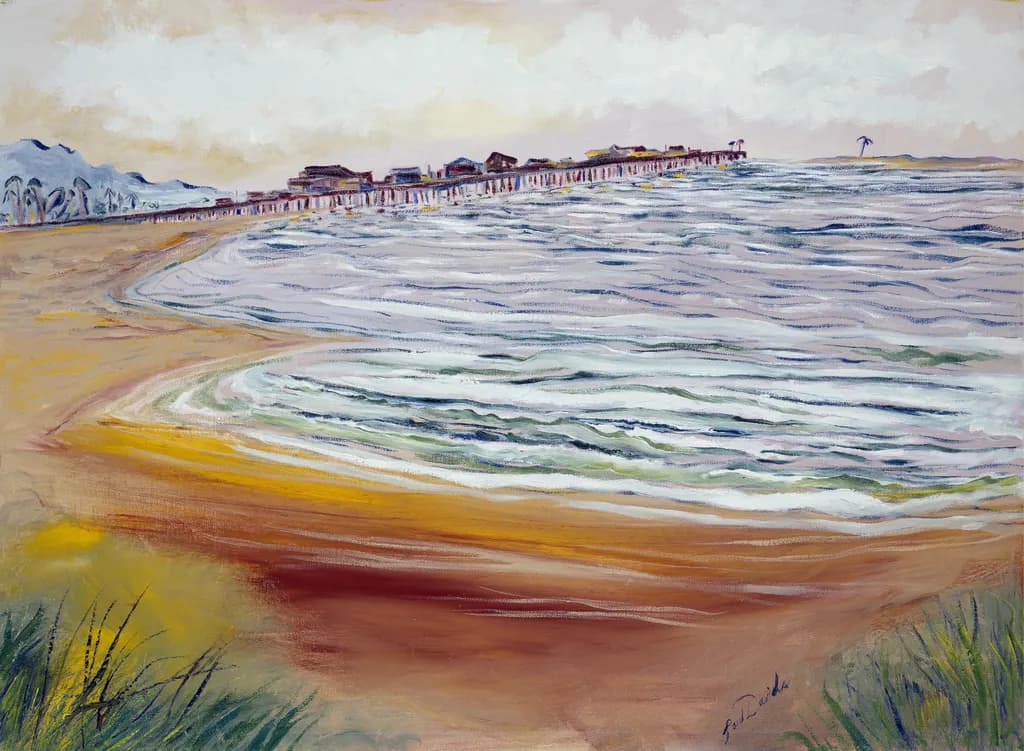 Serenity by the Shore: A Vibrant Beach Landscape with Pier and Sky Reflections