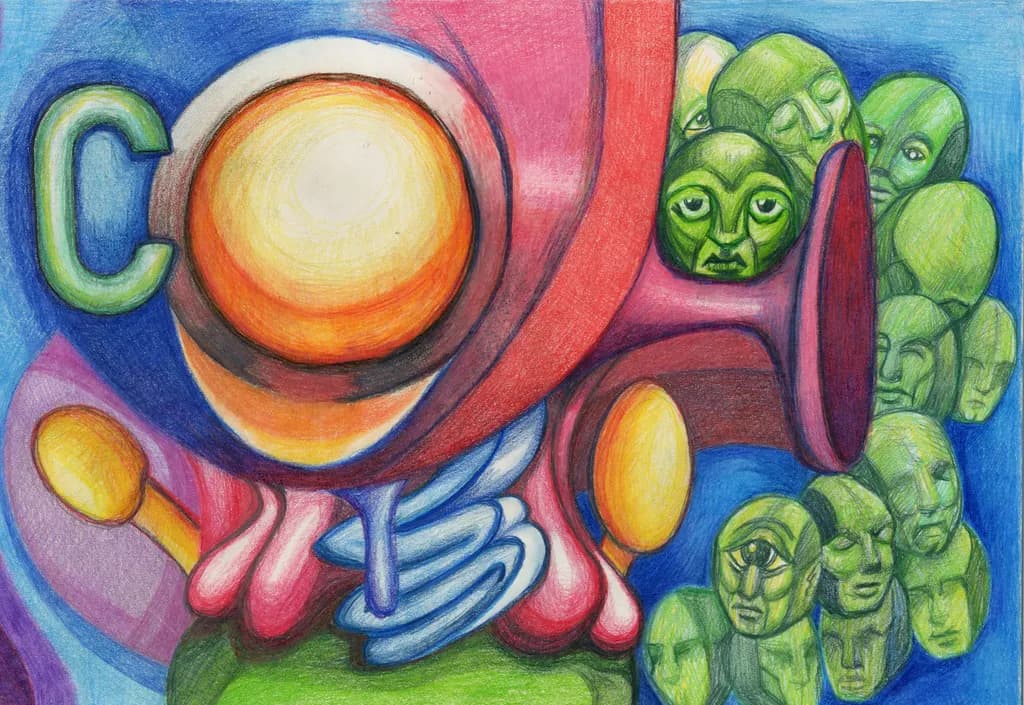 Vibrant Echoes: A Surreal Exploration of Colorful Faces and Abstract Shapes