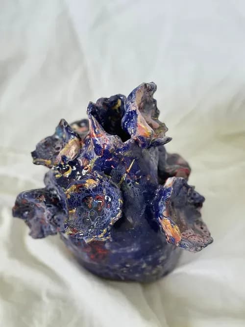 Whimsical Oceanic Bloom: A Unique Handcrafted Ceramic Vase in Deep Blue and Gold Accents