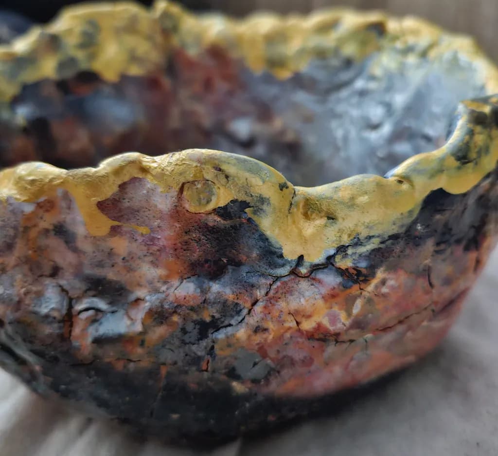 Ceramic Harmony: A Colorful Abstract Bowl with Unique Textures and Rich Depths