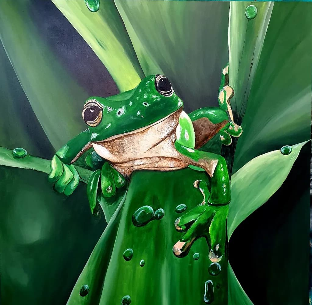 Green Frog on Leaves