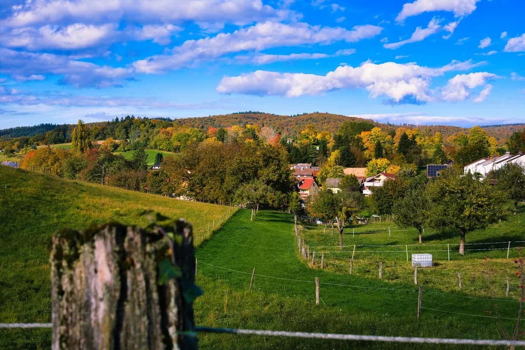 Autumn Serenity: A Tranquil Landscape of Homes and Greenery Under a Blue Sky