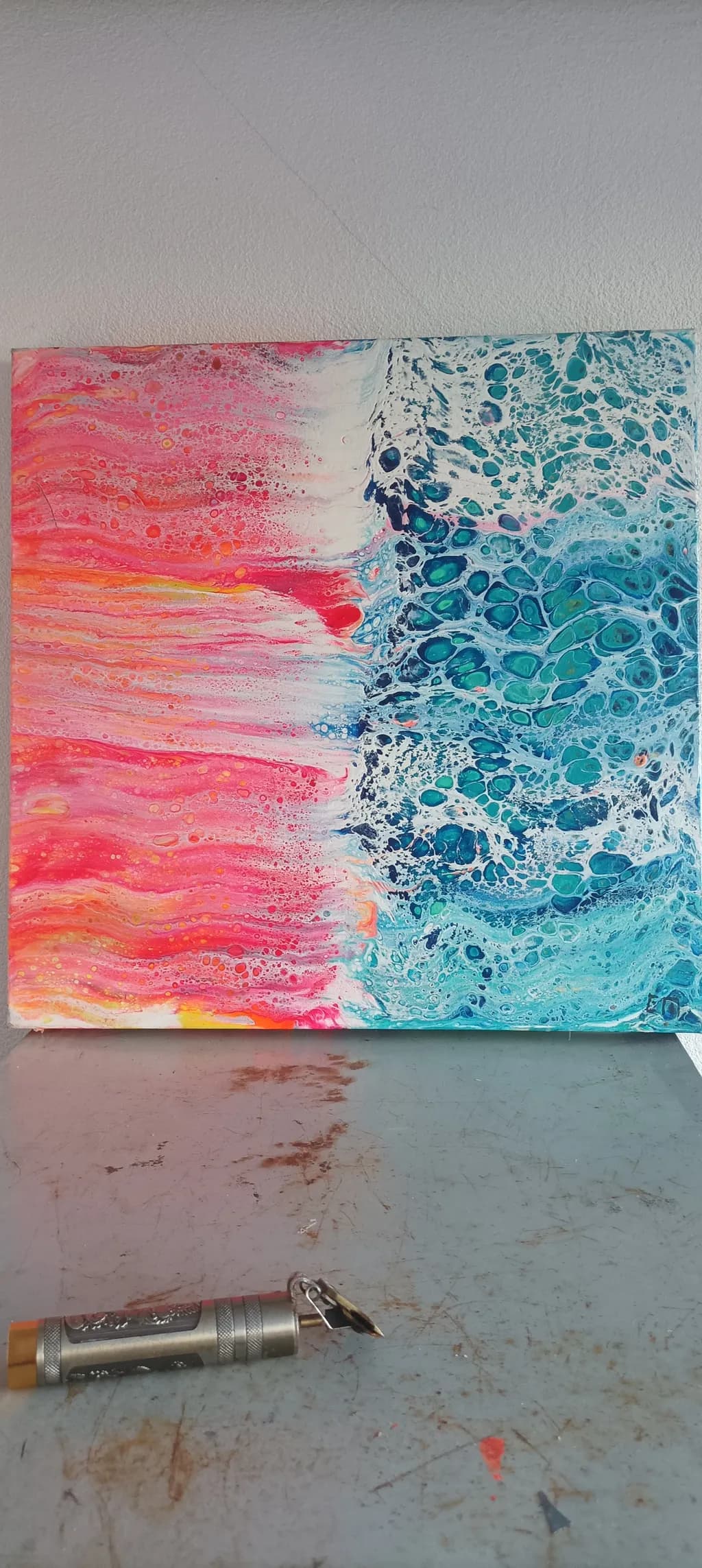 Vibrant Harmony: A Dance of Coral and Aqua in Abstract Fluid Art
