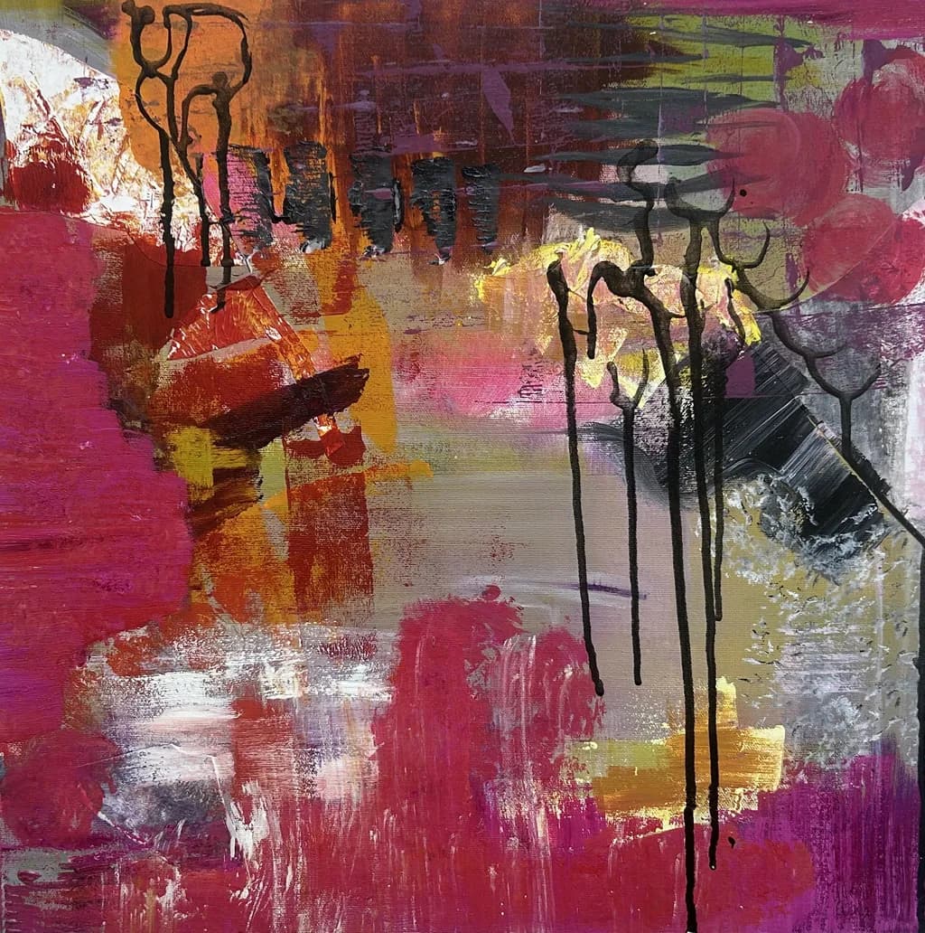 Carnival Reflections | Réflexions de Carnaval | Oil on canvas, 40" x 40" | Currently exhibited at St James Club, Montreal | Inspired by the vibrant energy of Rio's carnival celebrations | Inspiré par l'énergie vibrante des célébrations du carnaval de Rio