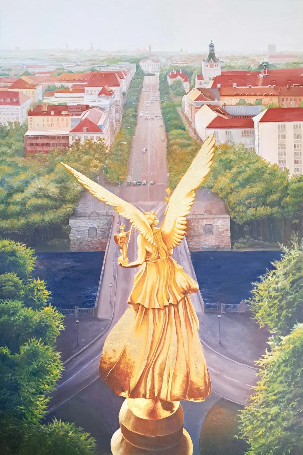 Golden Guardian Over the City: A Majestic View of Urban Splendor