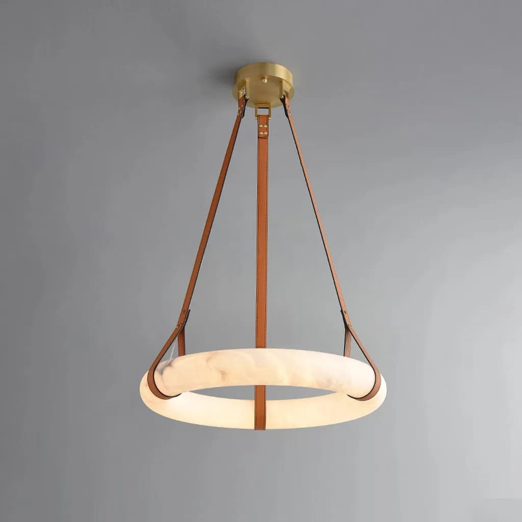 Elegant Alabaster Ring Chandelier with Leather Straps - Modern Lighting for Contemporary Spaces