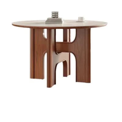 Modern Elegance: Round Wooden Table with Unique Architectural Base