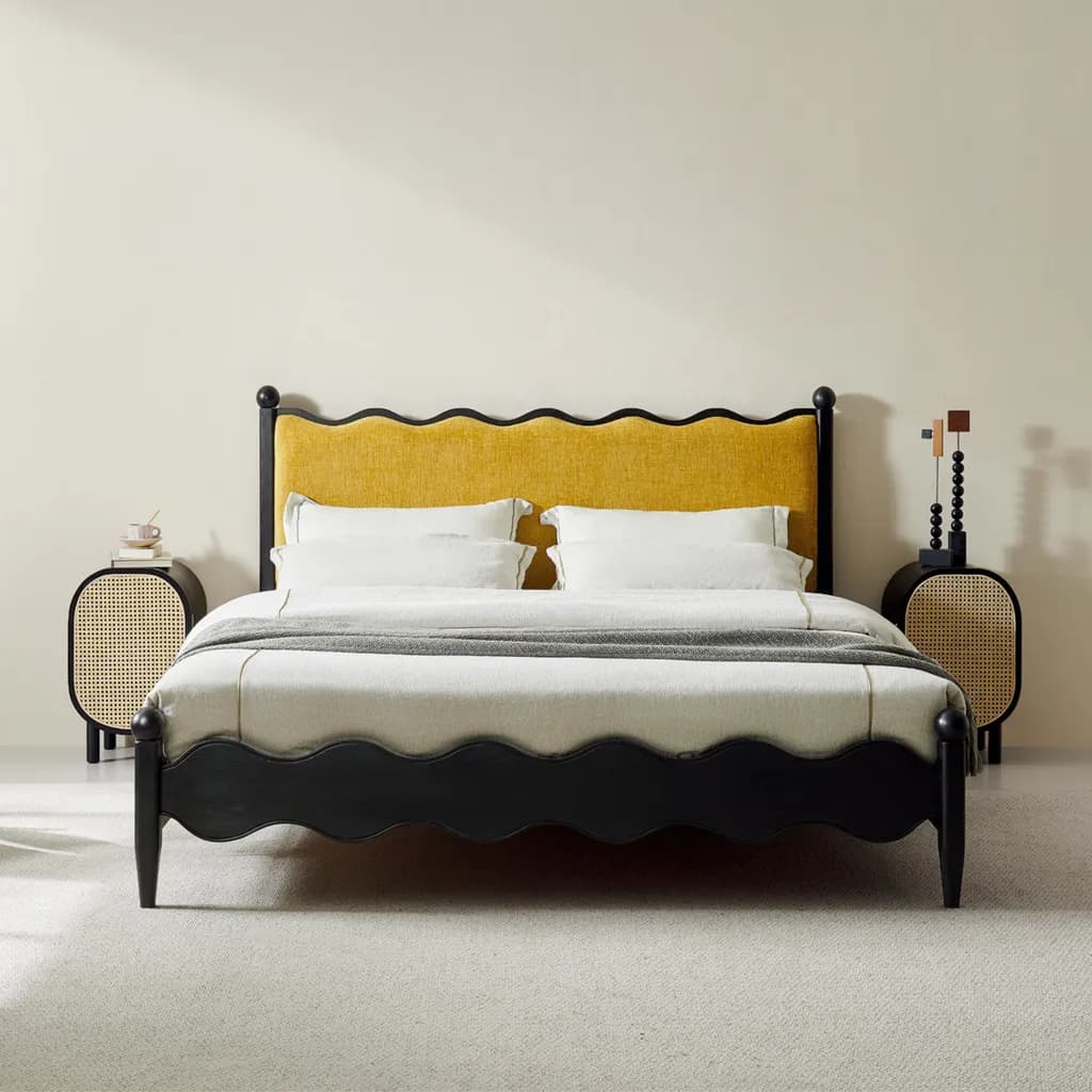 Scalloped Elegance: A Modern Bed Frame with Vibrant Yellow Upholstery and Chic Design