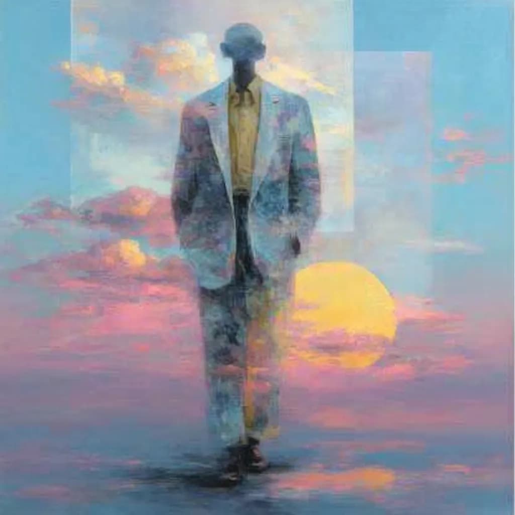 Ethereal Journey: A Solitary Figure Amidst Dreamy Skies at Dusk