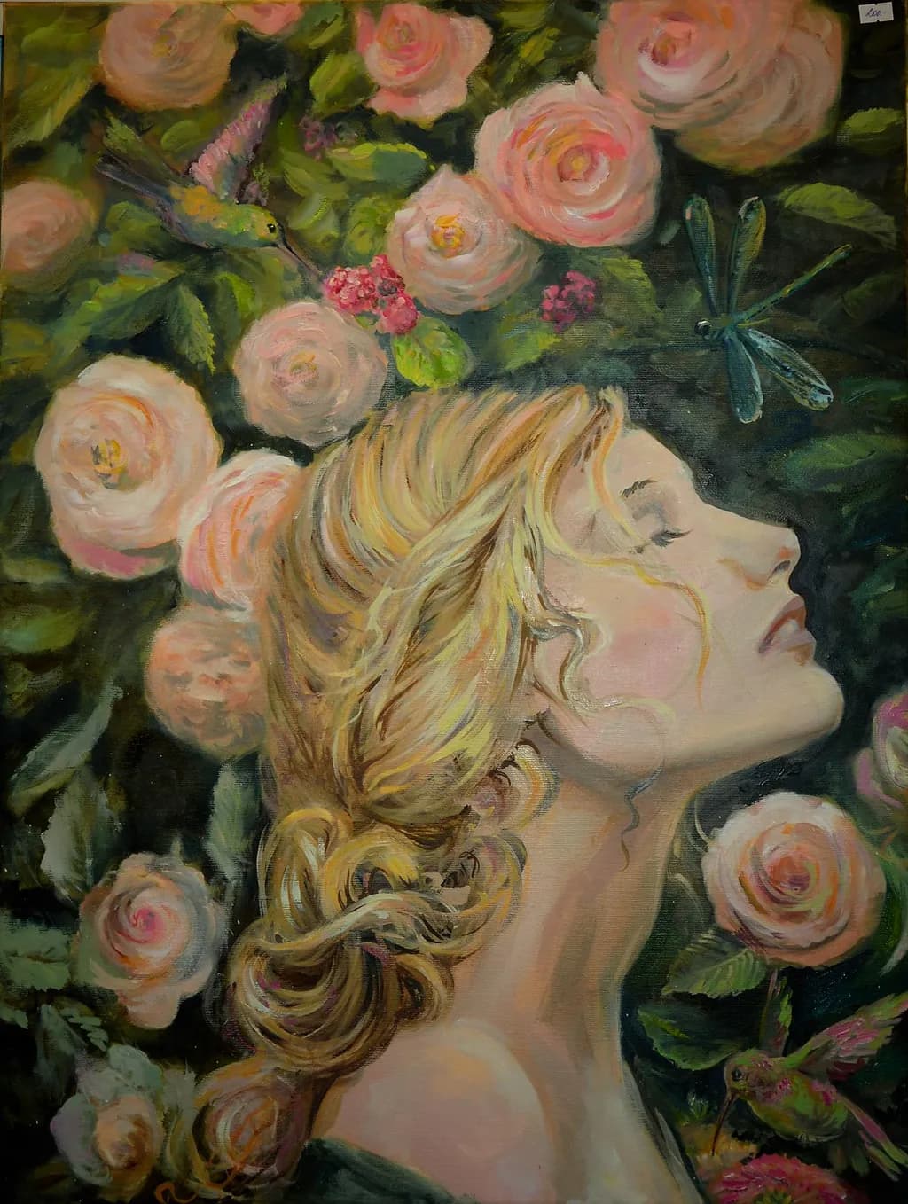 Whispers of Nature: A Serene Portrait Amidst Blossoms and Hummingbirds